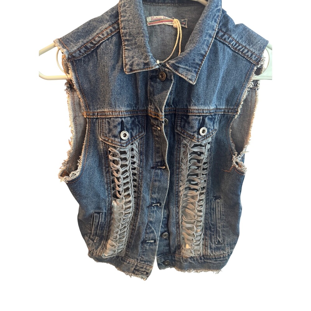 Vintage Havana Womens Blue Denim Vest Crochet Ladder Cut Out Distressed Large